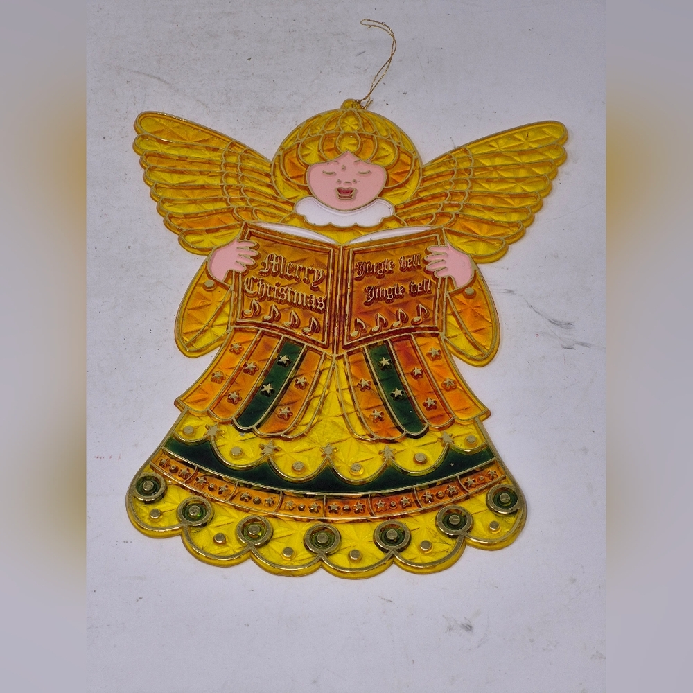 Christmas Carolling Angel Vintage Plastic Window Decor